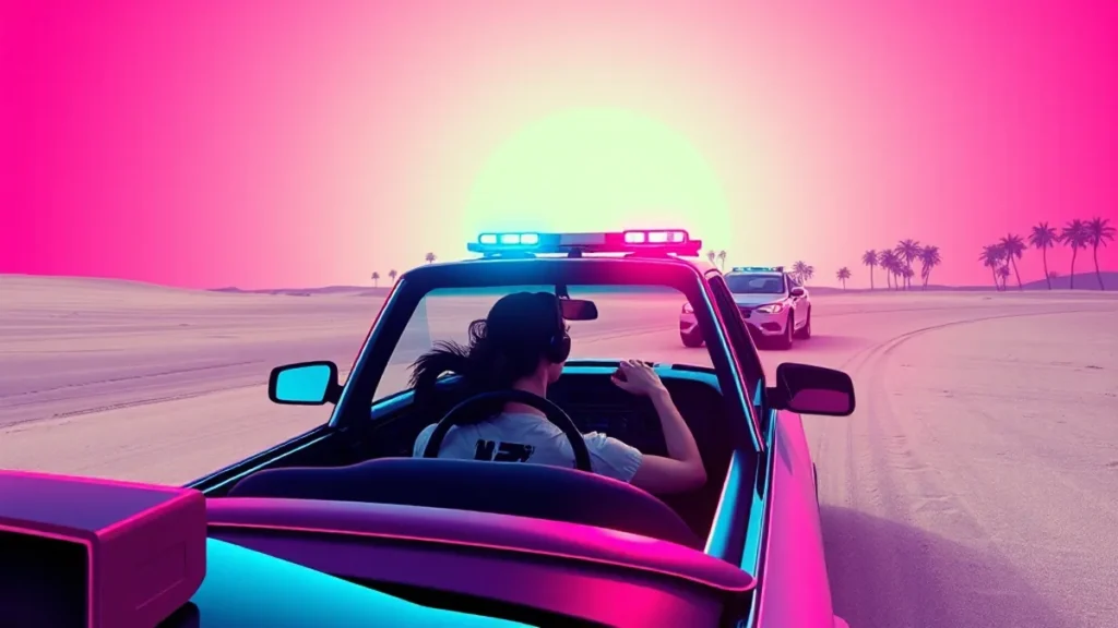A stunt driver being pulled over by real police officers while filming on a beach.