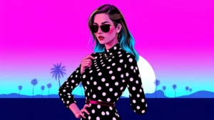 An adult woman posing in a fashionable black and white polka dot dress.