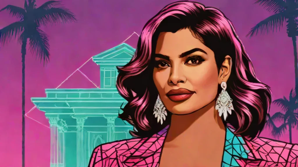 A sophisticated and smiling adult woman representing Priyanka Chopra celebrating her cultural heritage.