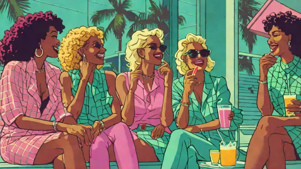 Three adult female best friends enjoying drinks and conversation on a southern porch.