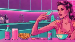 A woman in her thirties taking dietary supplements like collagen and magnesium for wellness.