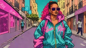 Rihanna inspired woman wearing a black hoodie and baggy jeans walking in Paris.