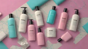 Minimalist Salt and Stone body wash and lotion bottles on a white marble bathroom counter.