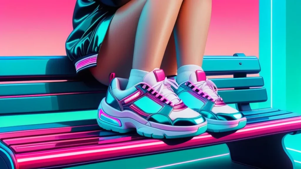 An adult woman wearing trendy wide width sneakers while relaxing outdoors.