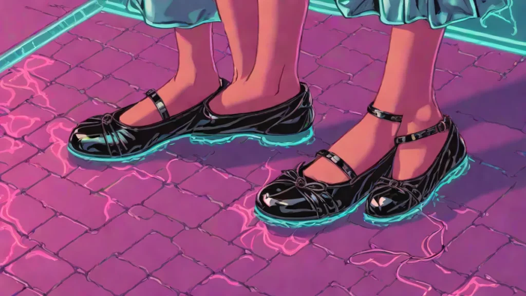 Close up of a woman wearing trendy black scrunch ballet flats on a sidewalk.