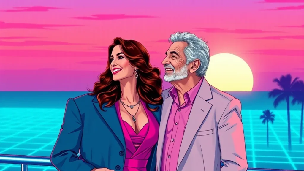 A mature, elegant couple sharing a romantic and affectionate moment together.