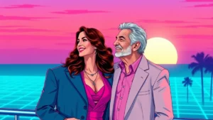 A mature, elegant couple sharing a romantic and affectionate moment together.