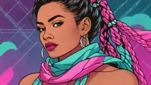 A stylish adult woman wearing a colorful silk scarf as a hair accessory for summer.