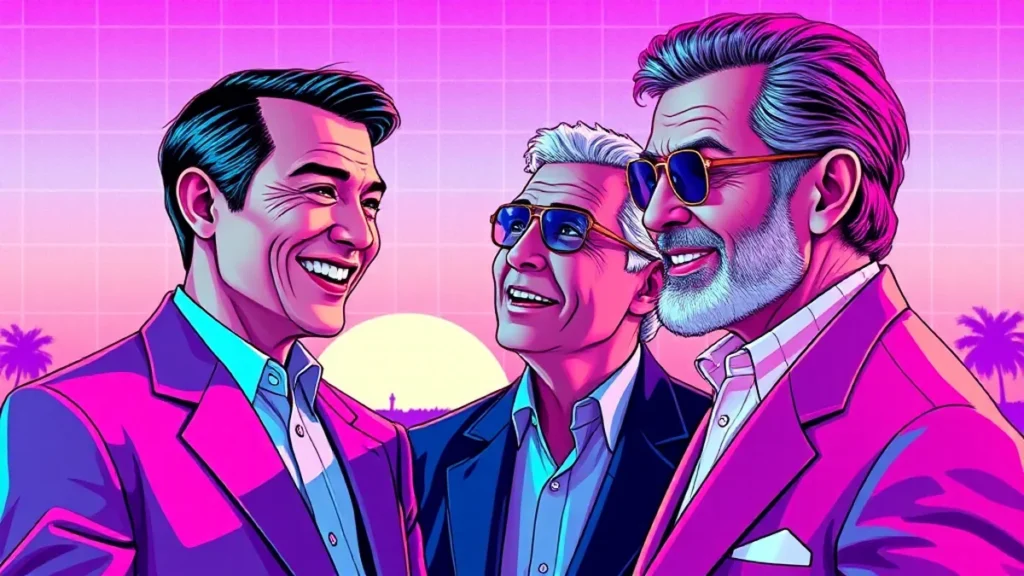 Actor Simu Liu smiling excitedly while meeting legendary actors on a movie set.