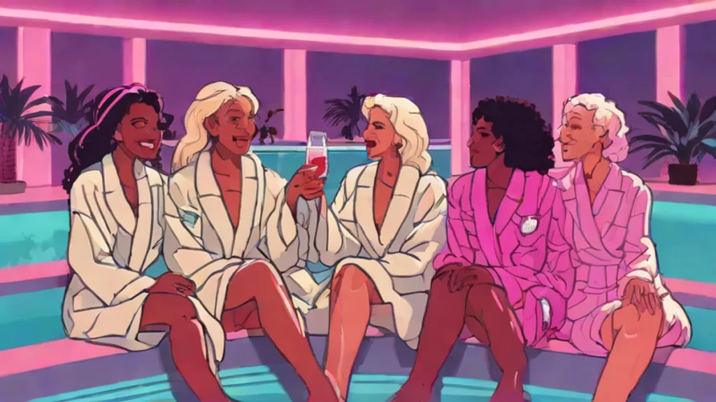 Four female friends in white robes laughing together at a luxury wellness spa retreat.