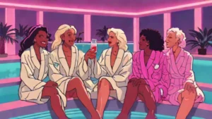 Four female friends in white robes laughing together at a luxury wellness spa retreat.