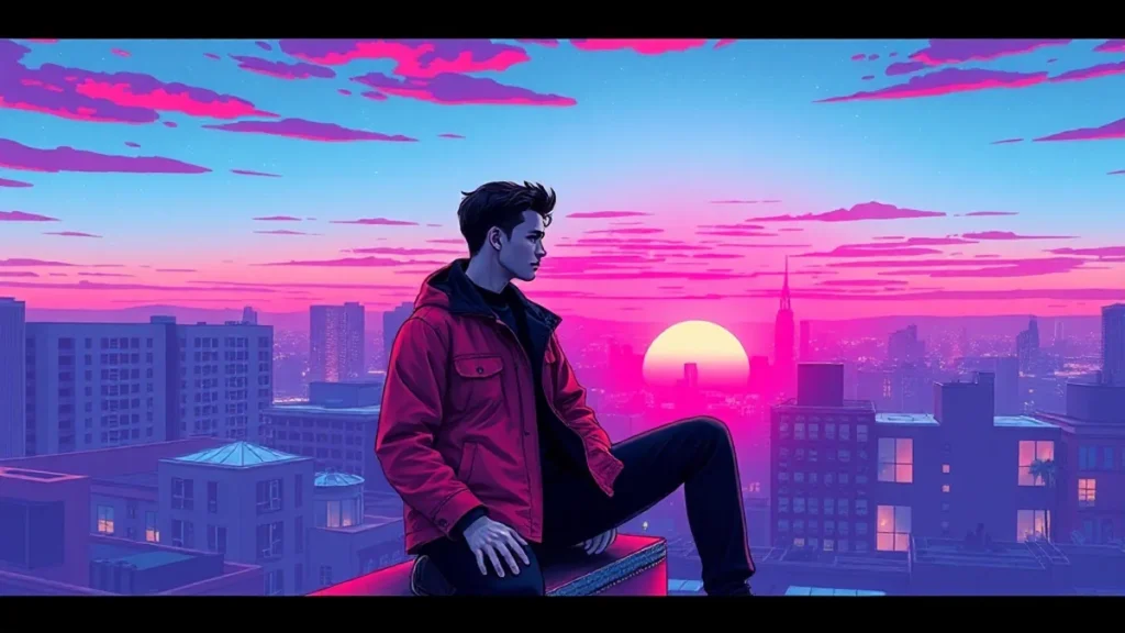 A lonely Peter Parker sitting on a rooftop overlooking the city skyline at sunset.