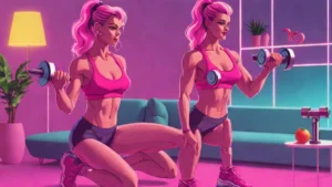 An adult woman exercising with adjustable dumbbells in a modern home gym setting.