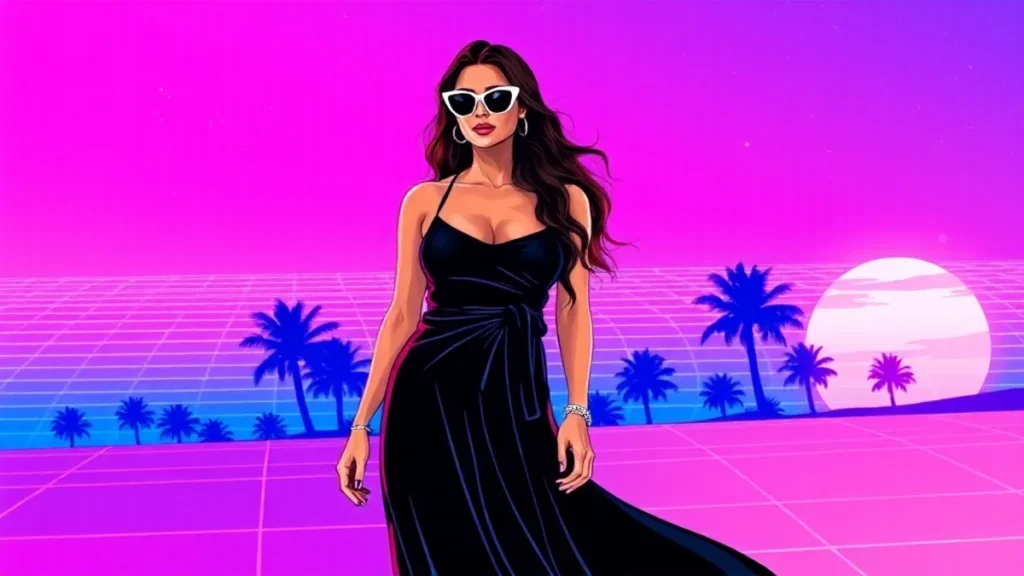Stylish woman in a black spaghetti strap maxi dress and sunglasses enjoying a Mediterranean vacation in Greece.