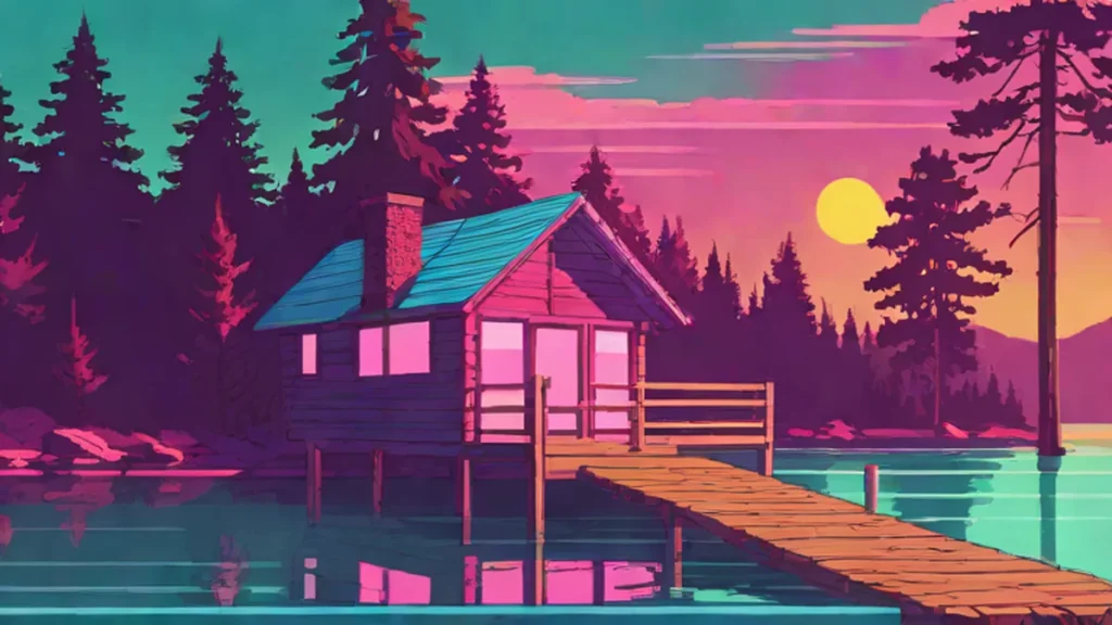 A peaceful summer scene featuring a wooden dock on a calm lake near a forest.