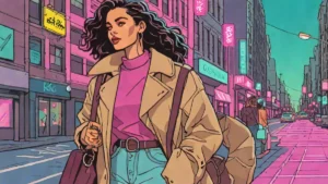 A stylish woman wearing a trench coat and denim walking through a metropolitan area.