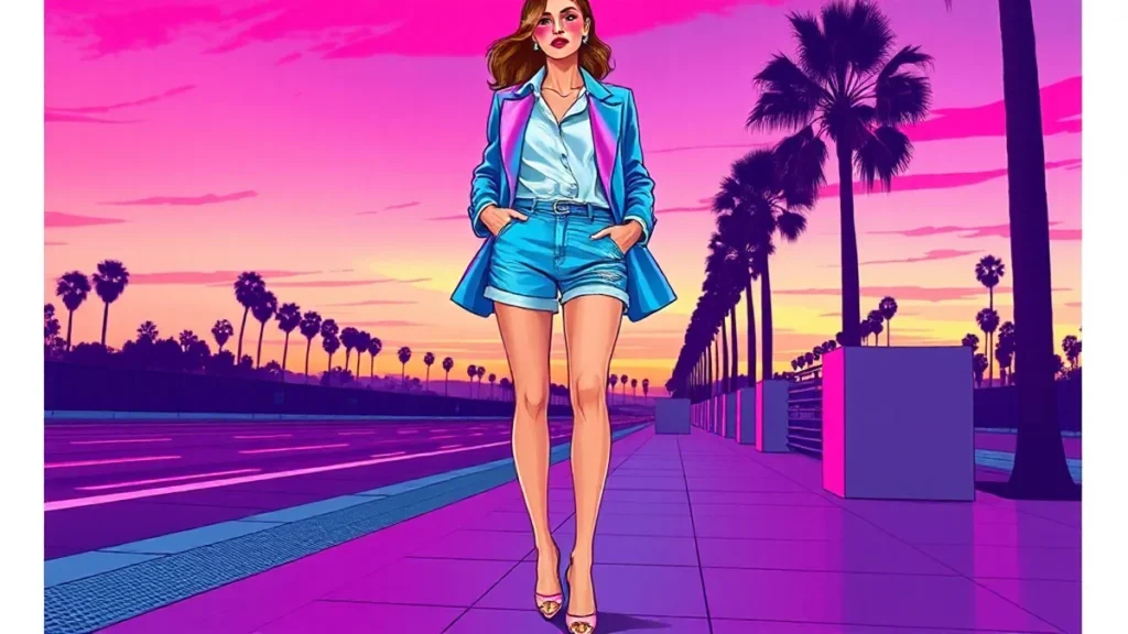 Adult woman wearing denim shorts with an oversized blazer and elegant shoes for a chic summer outfit.