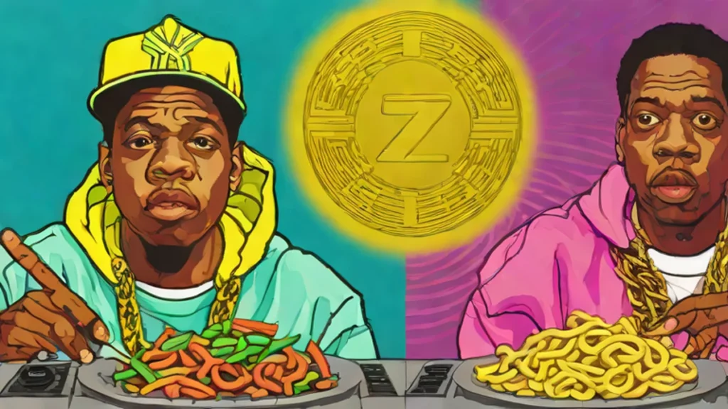 Side by side portraits of rappers Stove God Cooks and Jay-Z with a gold chain between them.
