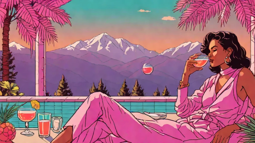 A woman enjoying a glass of rosé on a luxury mountain resort terrace in Aspen.