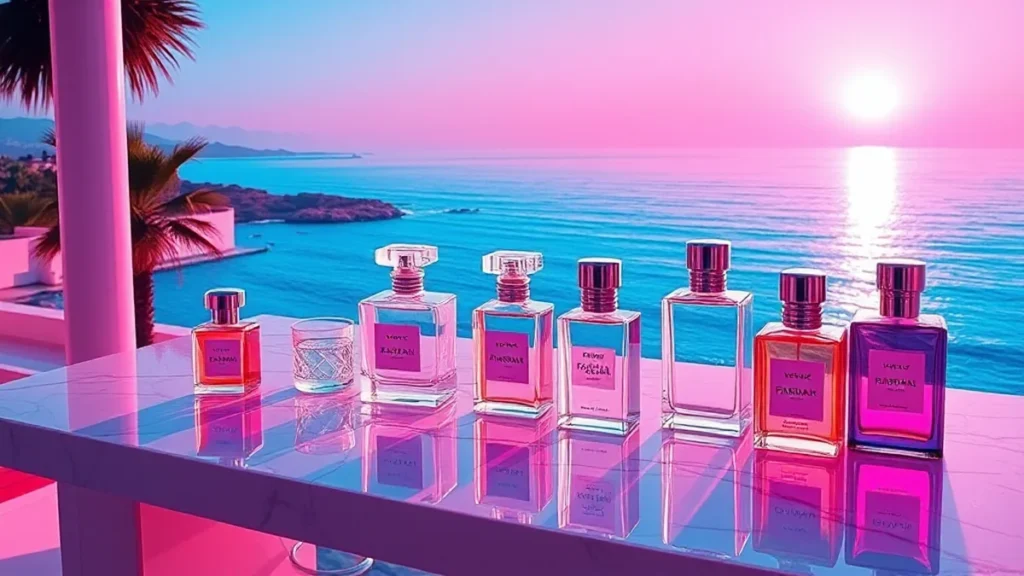 Designer perfume bottles resting on a marble surface with a Mediterranean ocean view.