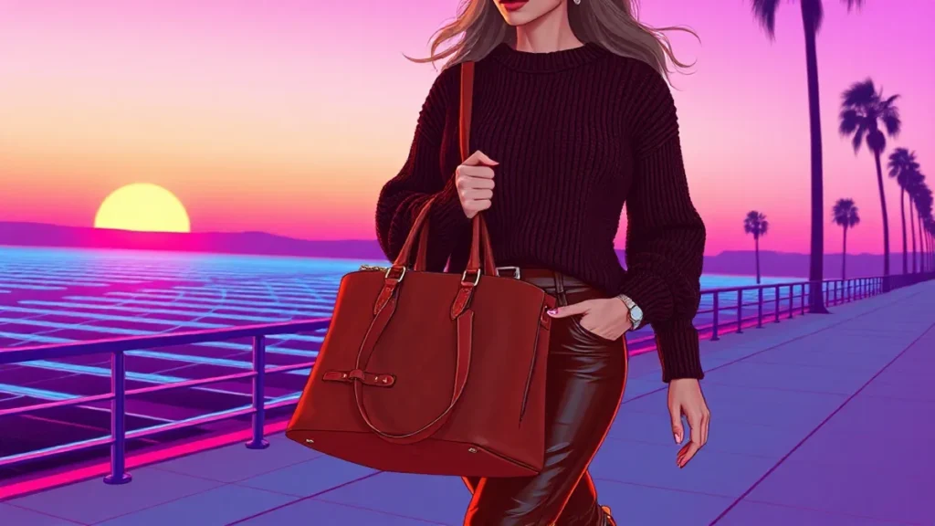 A stylish woman wearing rich chocolate brown suede boots and a matching leather handbag for autumn.