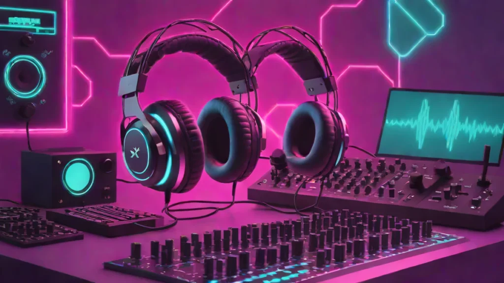 Professional audio headphones and mixing console used for analyzing pop music production techniques.