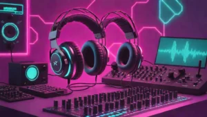 Professional audio headphones and mixing console used for analyzing pop music production techniques.