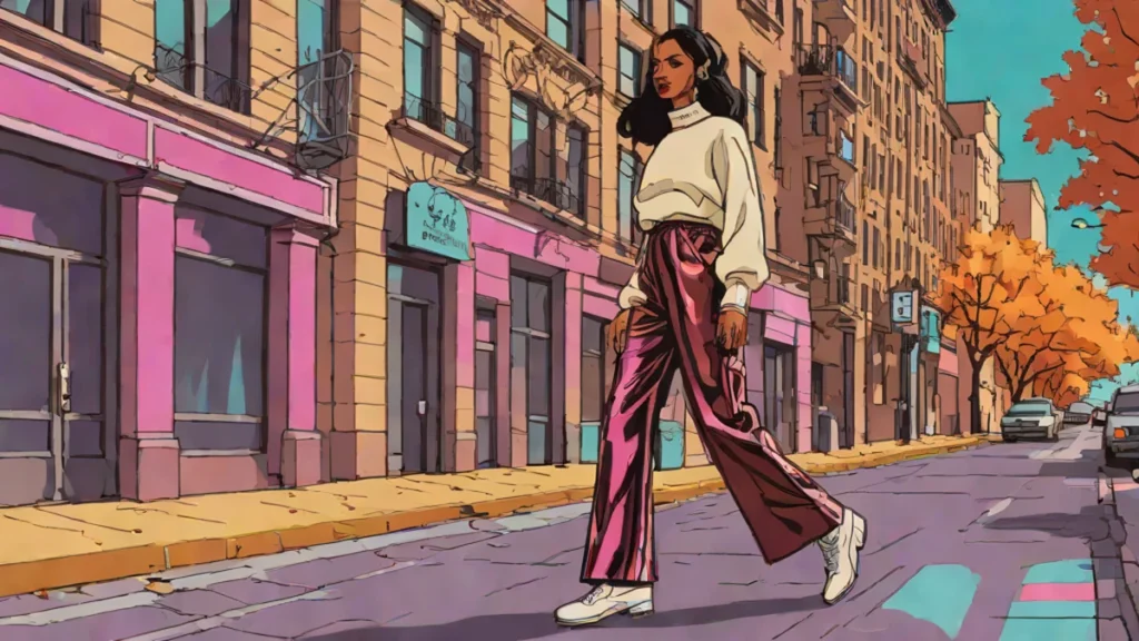 A woman styling high-shine chocolate brown taffeta trousers with a cozy cream sweater for fall fashion.