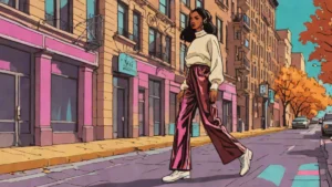 A woman styling high-shine chocolate brown taffeta trousers with a cozy cream sweater for fall fashion.