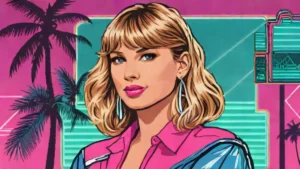 Taylor Swift smiling alongside a graphic representing a large charitable donation for a fundraiser.