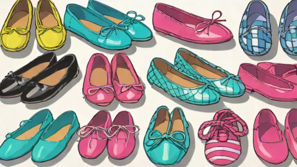 A variety of stylish ballet flats resting on an urban city street pavement.