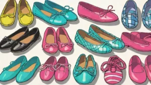 A variety of stylish ballet flats resting on an urban city street pavement.