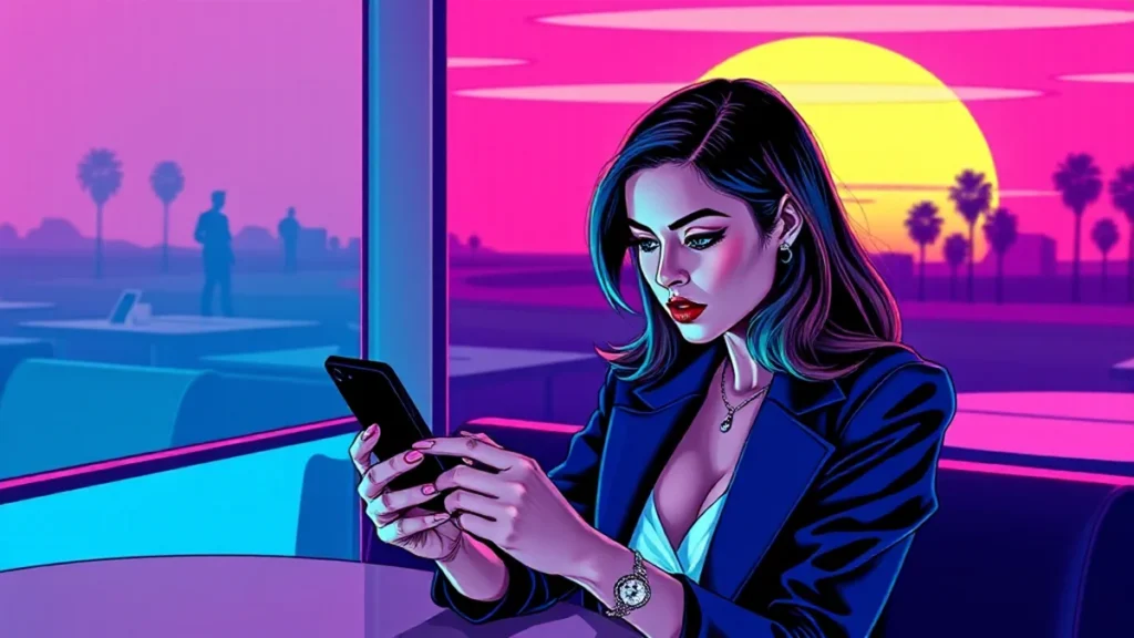 A woman looking suspiciously at her smartphone screen while sitting in a cafe.