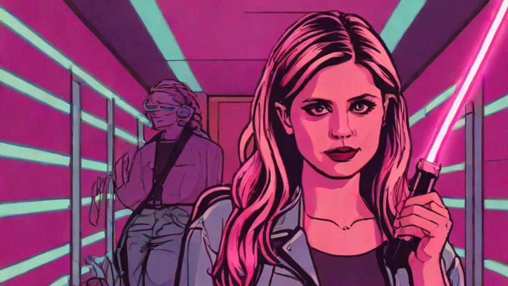 A woman resembling Buffy the Vampire Slayer holding a stake in a dark hallway.