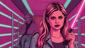 A woman resembling Buffy the Vampire Slayer holding a stake in a dark hallway.