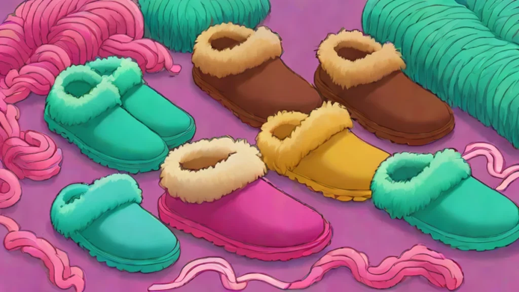 Various styles of UGG sheepskin boots and platform slides displayed on a cozy textured background.