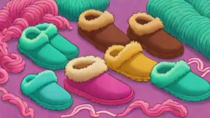 Various styles of UGG sheepskin boots and platform slides displayed on a cozy textured background.