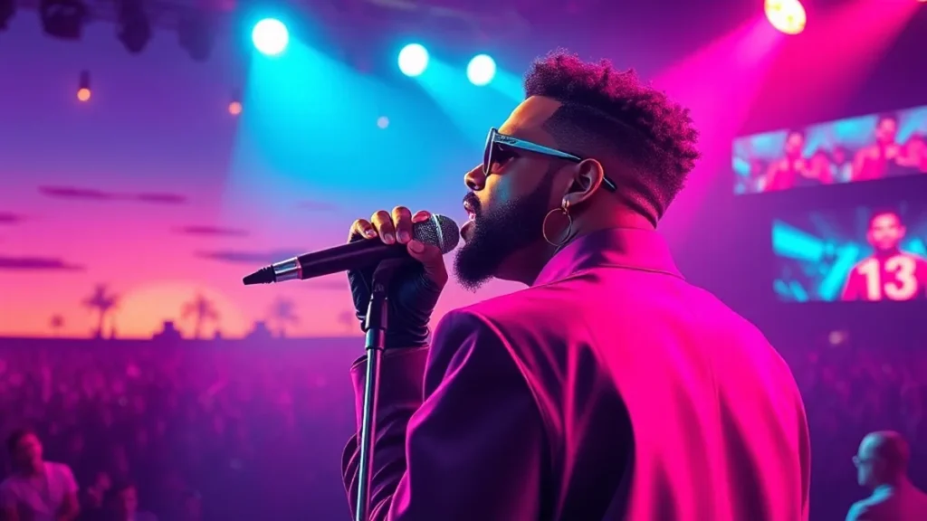 R&B artist Usher performing under bright spotlights during a live concert tour.