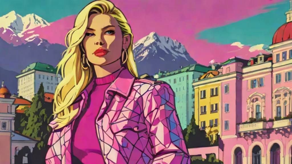A stylish woman standing before the scenic mountain landscapes and historic buildings of Salzburg, Austria.