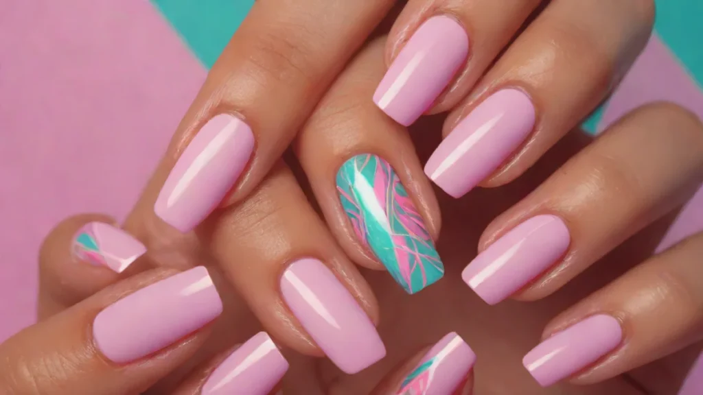 Close up of hands with sheer rosy pink almond shaped glossy nails.