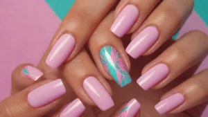 Close up of hands with sheer rosy pink almond shaped glossy nails.