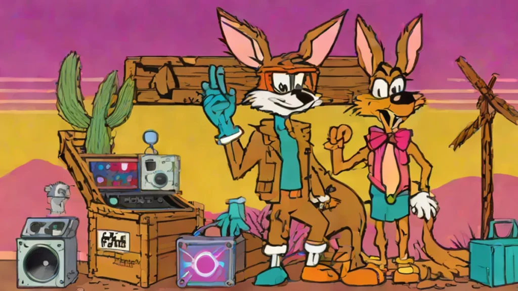 Wile E. Coyote standing among various ACME brand products in a desert setting.