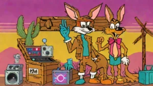 Wile E. Coyote standing among various ACME brand products in a desert setting.