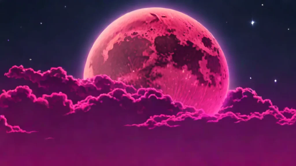 A dramatic view of a lunar eclipse occurring in a dark, star-filled night sky.