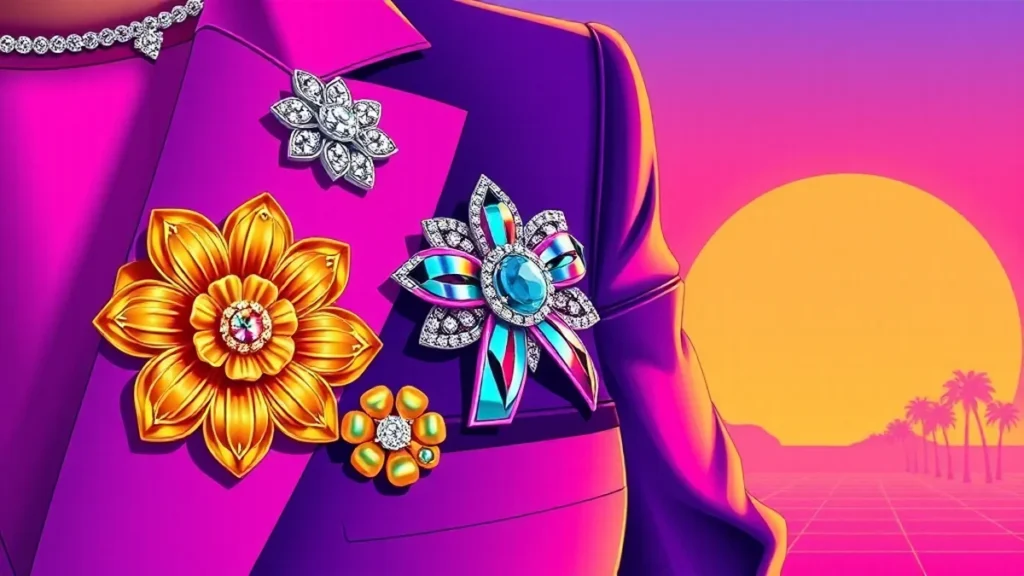 Close up view of various decorative vintage and modern brooches pinned to a fashion blazer.