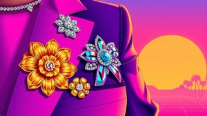 Close up view of various decorative vintage and modern brooches pinned to a fashion blazer.
