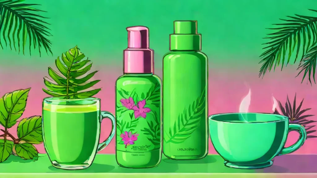 A bottle of green tea facial serum placed next to a cup of matcha tea.