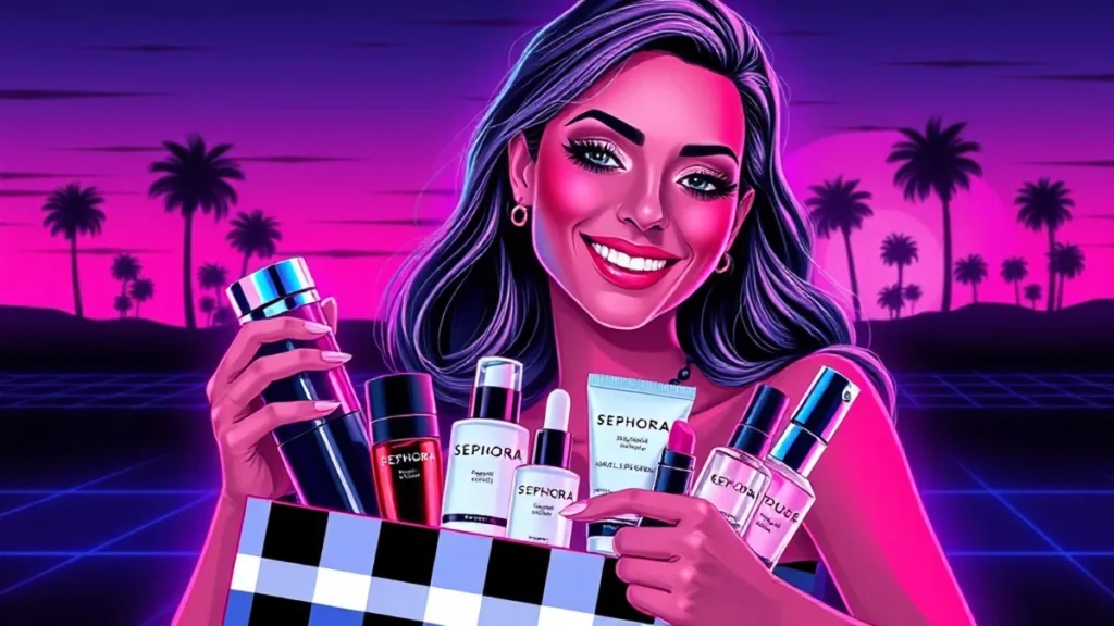 A fashionable woman opening a luxury beauty shopping bag filled with premium skincare products.