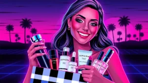 A fashionable woman opening a luxury beauty shopping bag filled with premium skincare products.