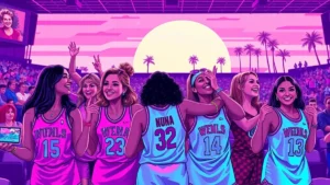 A group of diverse women celebrating and cheering together at a professional women's basketball game.
